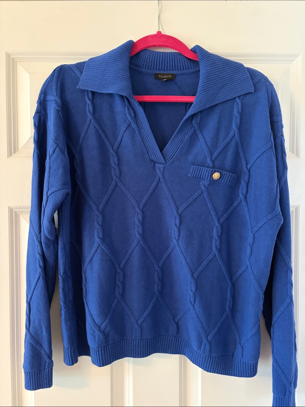 Talbots Cobalt Blue Diamond Cable V-Neck Sweater